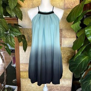 Single Dress Women’s Blue To Black Ombre 100% Silk Mini Sleeveless Halter Dress